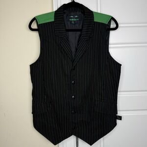 VTG Tripp NYC Hooded Pinstripe Vest Men's Small Black Green Punk Goth Skull Y2K
